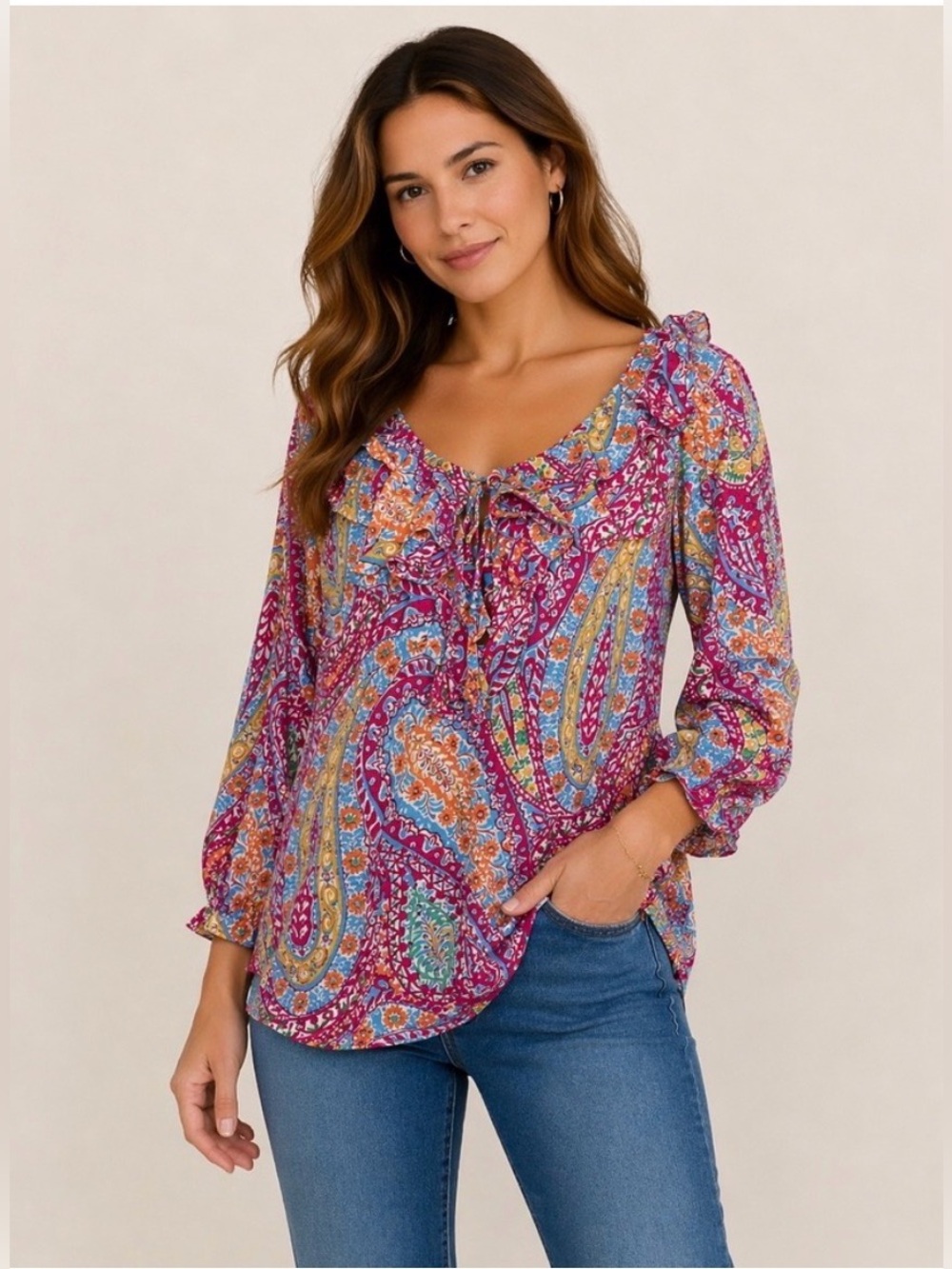 Lauren Ralph Lauren- Magenta Multi Paisley Tie-Neck Blouse Size S/P